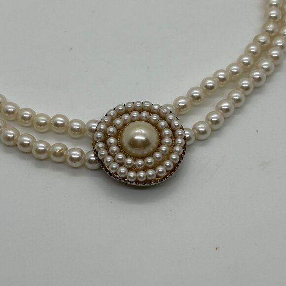 Vintage Faux Pearl Choker Double Strand Necklace With Ornate Pendant Prom Formal - Picture 9 of 15